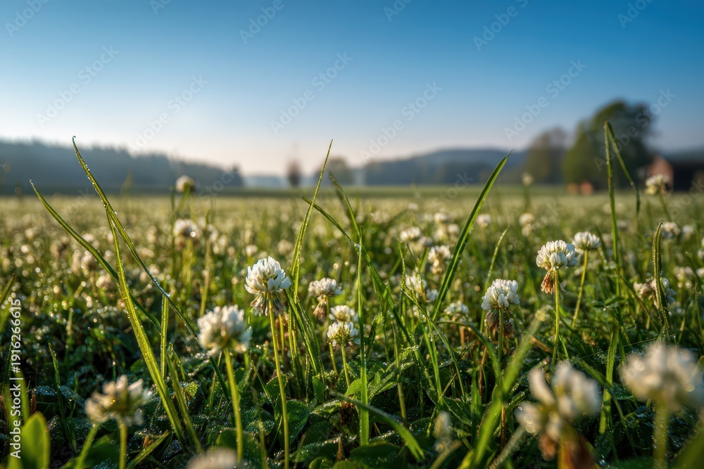 Obraz premium Fresh spring clover field bathed in warm morning light, tranquil rural landscape