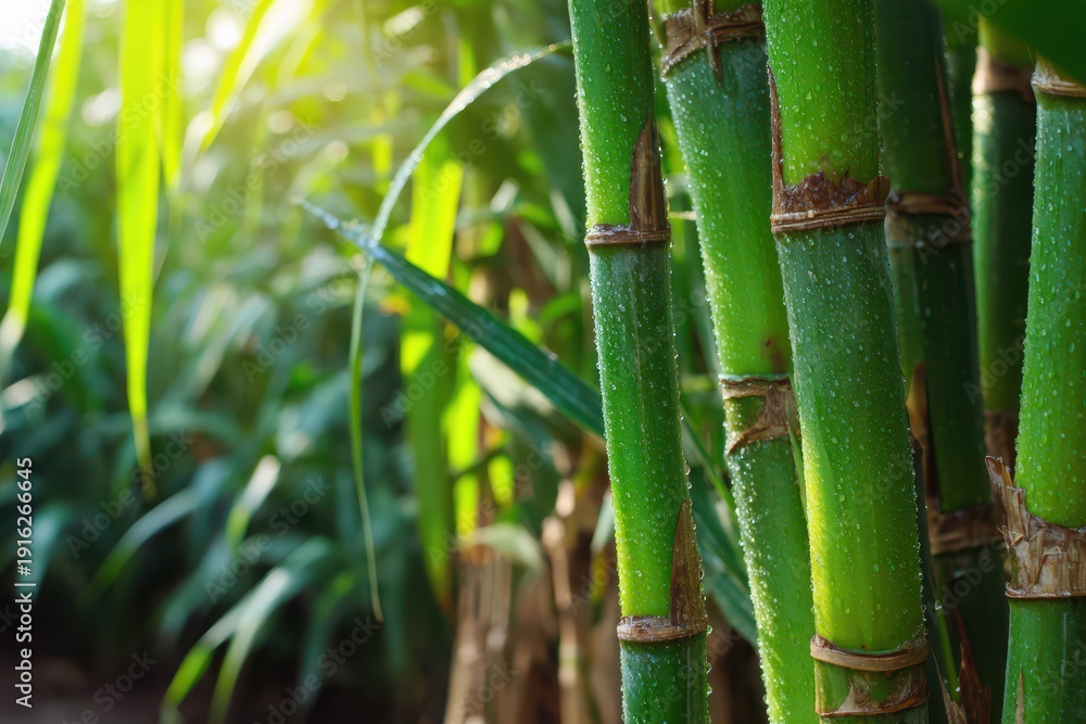 Fototapeta premium Fresh sugarcane stalks in a sunlit garden