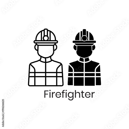 Firefighter icon set in two styles - outline and solid. Emergency responder wearing protective helmet and safety uniform with reflective stripes. Vector illustration for emergency services and occupat