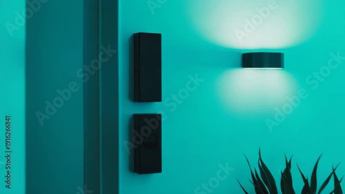 Open door into a minimalist hallway bathed in vibrant teal glow, highlighting a modern wall with subtle decor and a lone plant, empty, atmospheric, futuristic interior