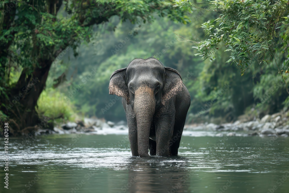 Fototapeta premium Gentle giant cooling off in river water with splashes and mud