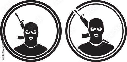 Warning Icon of a Masked Person in Balaclava with a Weapon, Symbolizing Crime, Threat, or Danger