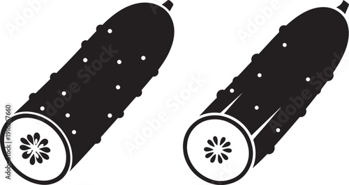 Fresh Black Silhouette Cucumber Icons, Whole and Sliced, Representing Healthy Eating and Organic Produce