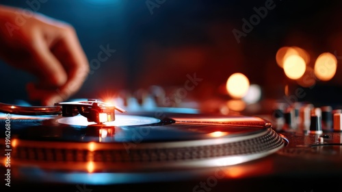 A dimly lit scene featuring a DJ skillfully manipulating a turntable, creating an engaging atmosphere filled with vibrant colors, rhythm, and immersive sounds for a lively night.