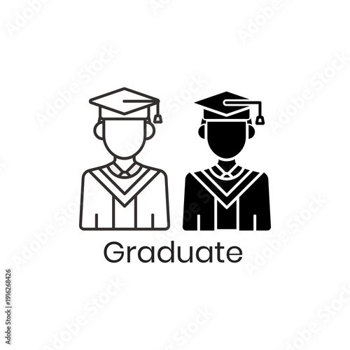 Graduate icon set in two styles - outline and solid. Person wearing graduation cap and gown representing education, academic achievement, and university graduation. Vector illustration.