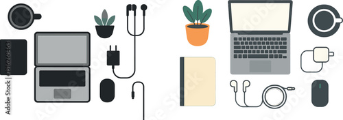 A neatly organized workspace features a laptop, coffee cup, potted plant, notebook, and headphones, all set for focused work. Personal items enhance productivity and comfort.