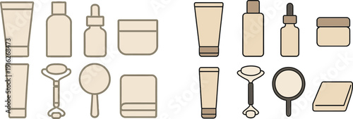 A set of skincare items including creams, serums, and tools are laid out in a well-organized manner. Each product is distinct, showcasing a variety of shapes and sizes, emphasizing a routine.