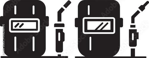 Black and white graphic illustration of two welding masks and torches, representing the craft of welding and industrial metalwork.
