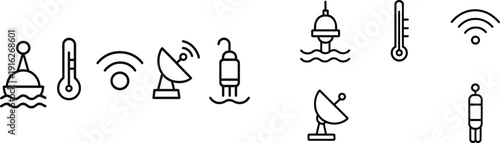 Symbols illustrate various marine monitoring tools including buoys, thermometers, Wi-Fi connections, satellite dishes, and underwater sensors for oceanographic studies.
