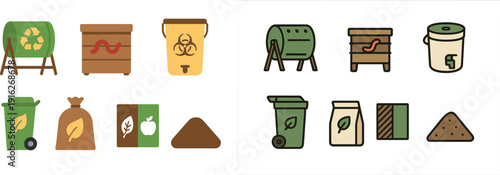 Various icons depicting recycling, composting, and waste management practices. Elements include bins, compost piles, and biohazard containers, promoting eco-friendly habits.