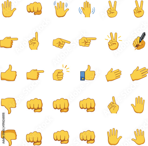 Cartoon Hand Gesture Emoji Set with Thumbs Up Down Pointing Fist Victory and Waving Vector Illustration