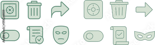 Various attractive line icons depict essential digital actions such as delete, navigate, toggle, and confirm. These designs are perfect for user interface applications.
