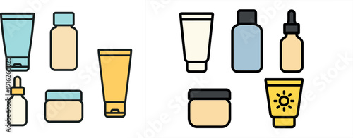 A variety of skincare products in different shapes and colors are neatly arranged. The display includes tubes, bottles, and jars, highlighting the diversity of skincare options available for use.