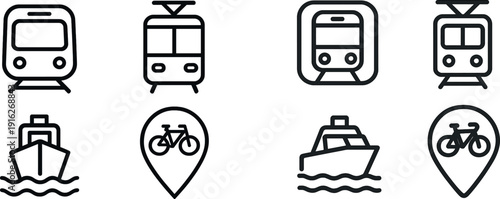 Graphic design showcasing four icons representing various transportation methods. The icons include a train, a tram, a boat traversing water, and a bicycle location marker, emphasizing urban mobility.