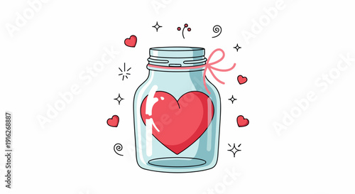 An illustration of a mason jar with a red heart inside, surrounded by smaller hearts and sparkles on a white background.