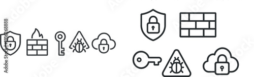 Five icons illustrate concepts of cybersecurity including safeguards, firewalls, keys for access, and secure cloud storage, highlighting essential online protection tools.