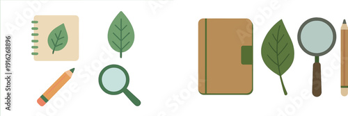 A creative layout featuring a notebook with a leaf design, a green pencil, separate leaf illustrations, and a magnifying glass, emphasizing exploration and learning about nature.