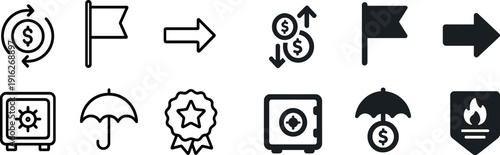 Various icons illustrate key financial concepts including investment, security, risk management, and rewards. These symbols highlight essential themes in today's economic landscape.
