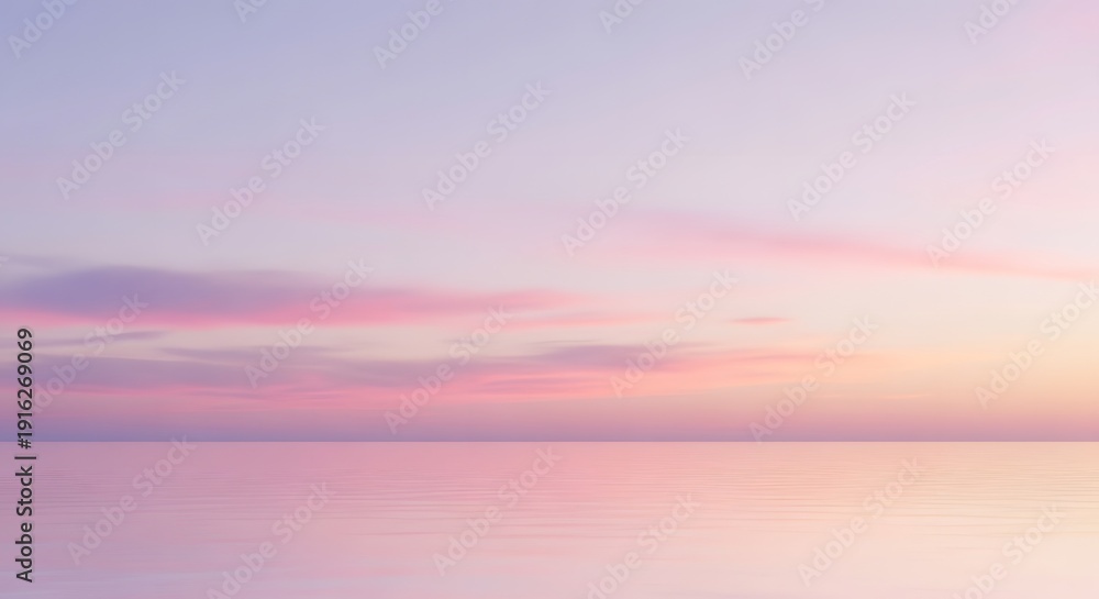 Fototapeta premium Dreamy pastel sunset over the tranquil ocean, featuring soft pink, purple, and blue hues creating a serene horizon.