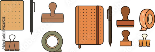 Several essential stationery items are displayed, including a notepad, pen, adhesive tape, and paper clips. The objects are organized cleanly on a light background, highlighting their simplicity.