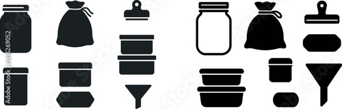 Different types of kitchen storage containers are displayed, including jars, bags, and a funnel. They are arranged neatly, showcasing a focus on organization for food preparation.