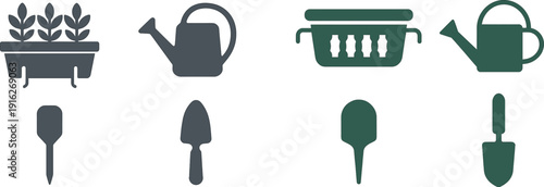 Gardening tools like a watering can, trowel, and garden fork are displayed alongside potted plants, showcasing essentials for urban gardening at home.