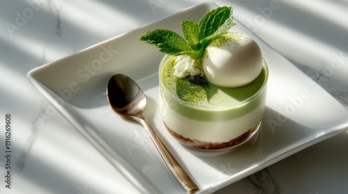 An elegant dessert featuring matcha layers, topped with a scoop of ice cream, presenting a delicious blend of flavors and textures in a beautifully styled setting.