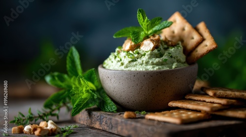 A vibrant bowl of creamy herb dip is beautifully garnished with fresh mint leaves, served alongside crispy crackers for a delicious appetizer experience.