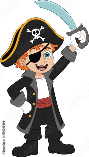 Cute Cartoon Pirate Boy with Sword and Eye Patch, Smiling Buccaneer Kid Character in Costume, Isolated Vector Illustration for Children Party and Adventure Design