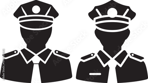 Black and white graphic illustration of two police officers' torsos and hats, symbolizing law enforcement, authority, and security.