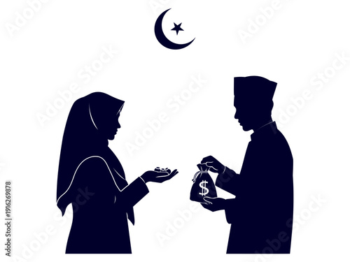 Silhouette of a man and woman exchanging money under a crescent moon