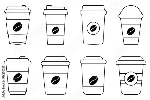Diverse set of black line icons representing various coffee cups. Coffee paper cup, disposable drink containers, caffeine branding elements. Vector illustration. 