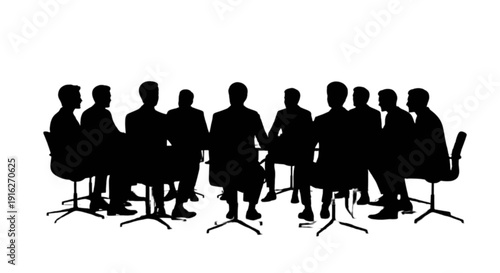 Silhouettes of people sitting around a conference table in a meeting