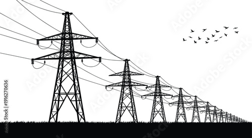 High voltage electric power line transmission towers silhouette in a field with flying birds, energy and electricity industry vector illustration.