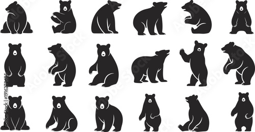 Large collection of bear silhouettes in various poses including standing, sitting, and walking, wild grizzly and black bear vector set.