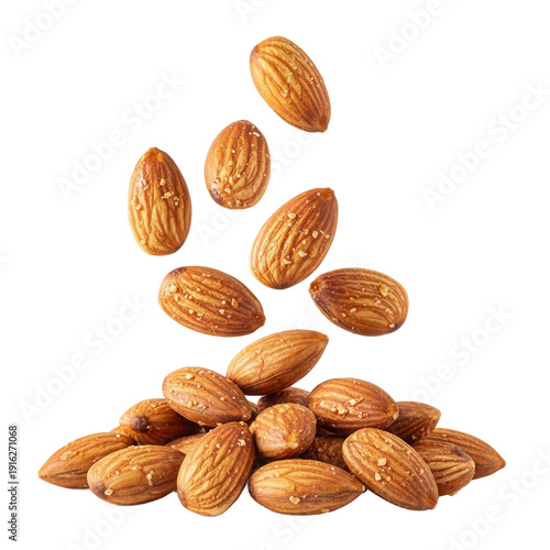 Salted almonds falling into a pile nuts isolated on a transparent background