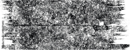 Glitch distorted geometric shape . Noise destroyed logo . Trendy defect error shapes . Glitched frame .Grunge textured . Distressed effect .Vector shapes with a halftone dots screen print texture.