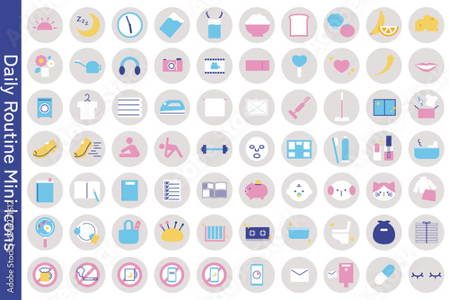 フラットスタイルのデイリールーティンミニアイコンセット 生活・家事・健康・手帳向けベクター素材
