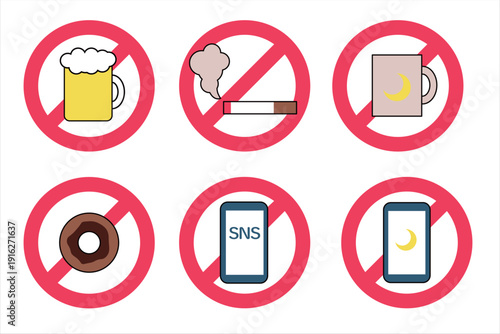 禁煙・禁酒・デジタルデトックスなど習慣改善の禁止アイコン素材