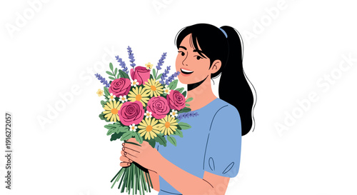 A young woman holding a colorful bouquet of flowers, with a gentle smile on a plain white background.