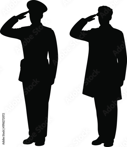 Black silhouette of military army soldiers saluting, officer standing in uniform, patriotic veteran memorial day flat vector illustration, isolated on white. (exactly 20 words)