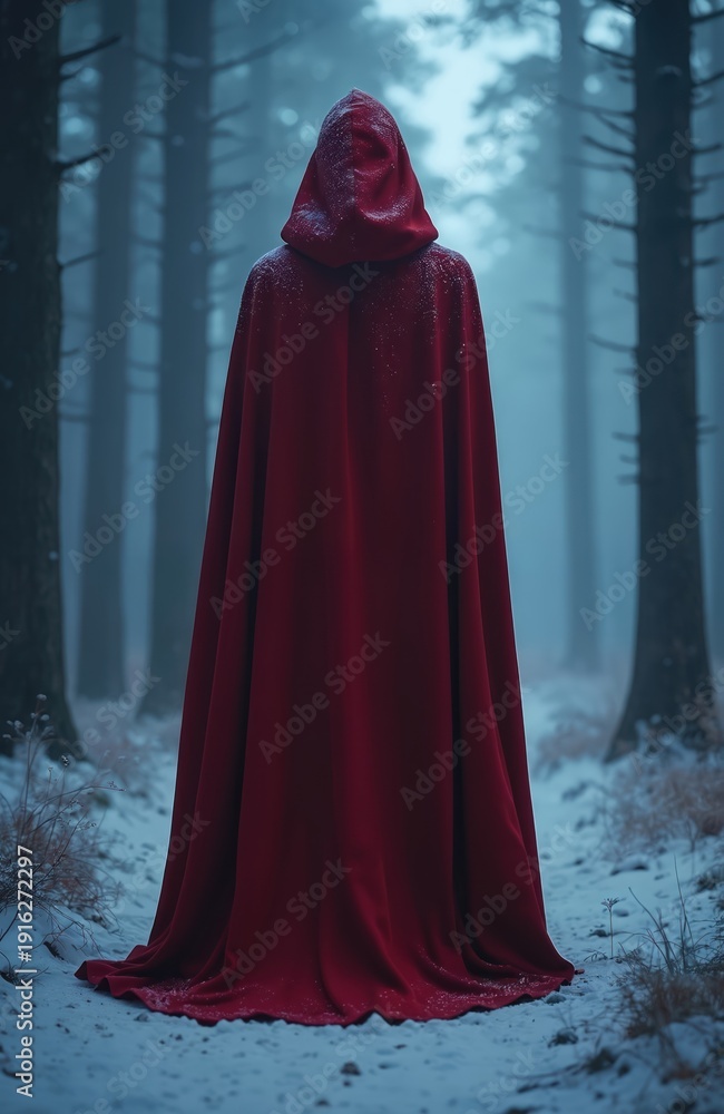Fototapeta premium Hooded figure in red cloak walks alone in snow covered forest during twilight. Foggy winter woods with trees shrouded in mist. Cold mysterious atmosphere, quiet solitude.