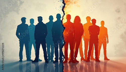 Silhouettes of people divided into two groups by a sharp crack of color and texture. Blue side contrasts with fiery orange and red, symbolizing and separation.