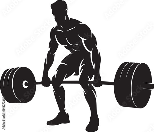 Muscular man lifting heavy barbell weights