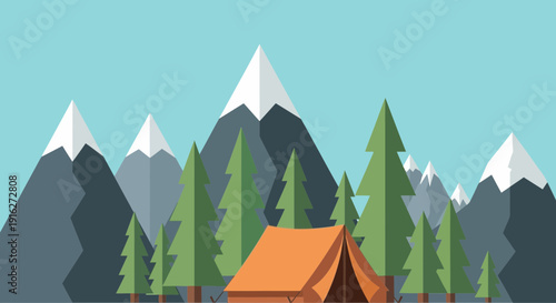 Camping tent in pine forest with snowy mountains background