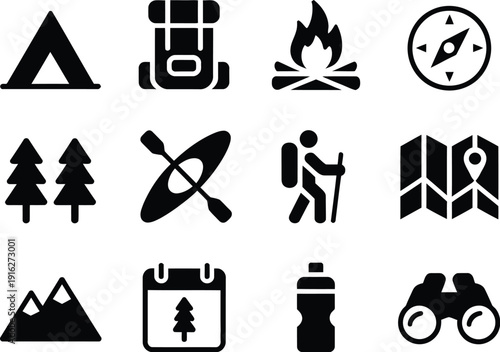 Black of camping and outdoor activities on white background