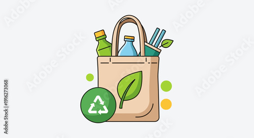 Eco-friendly tote bag with reusable items and recycling symbol