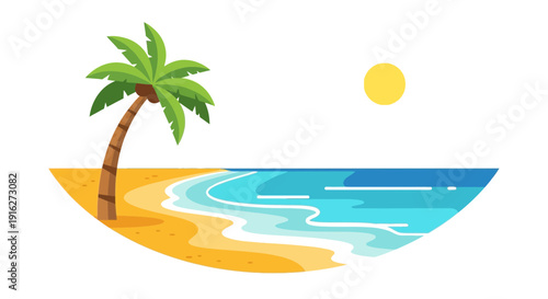 Tropical Beach Scene with Palm Tree, Ocean Waves and Sun