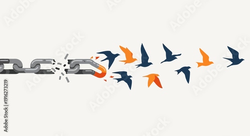 Broken Chain and Flying Birds - Freedom and Escape Concept