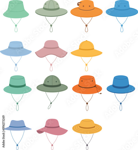 Colorful bucket hats and sun hats in various styles and colors green